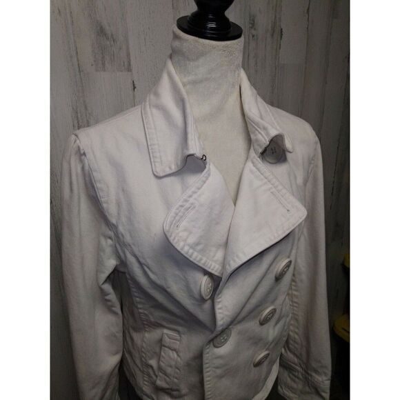 American Eagle Large Cream White Double Breasted Jacket / Blue Striped Lining - Picture 2 of 6